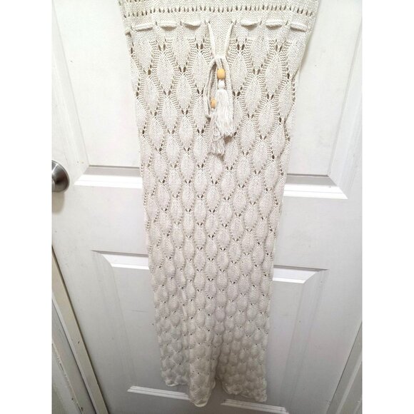 Freshman 1996 Crochet Knit Sleeveless Maxi Dress Tassel Tie Waist In Ivory Size - Picture 4 of 12